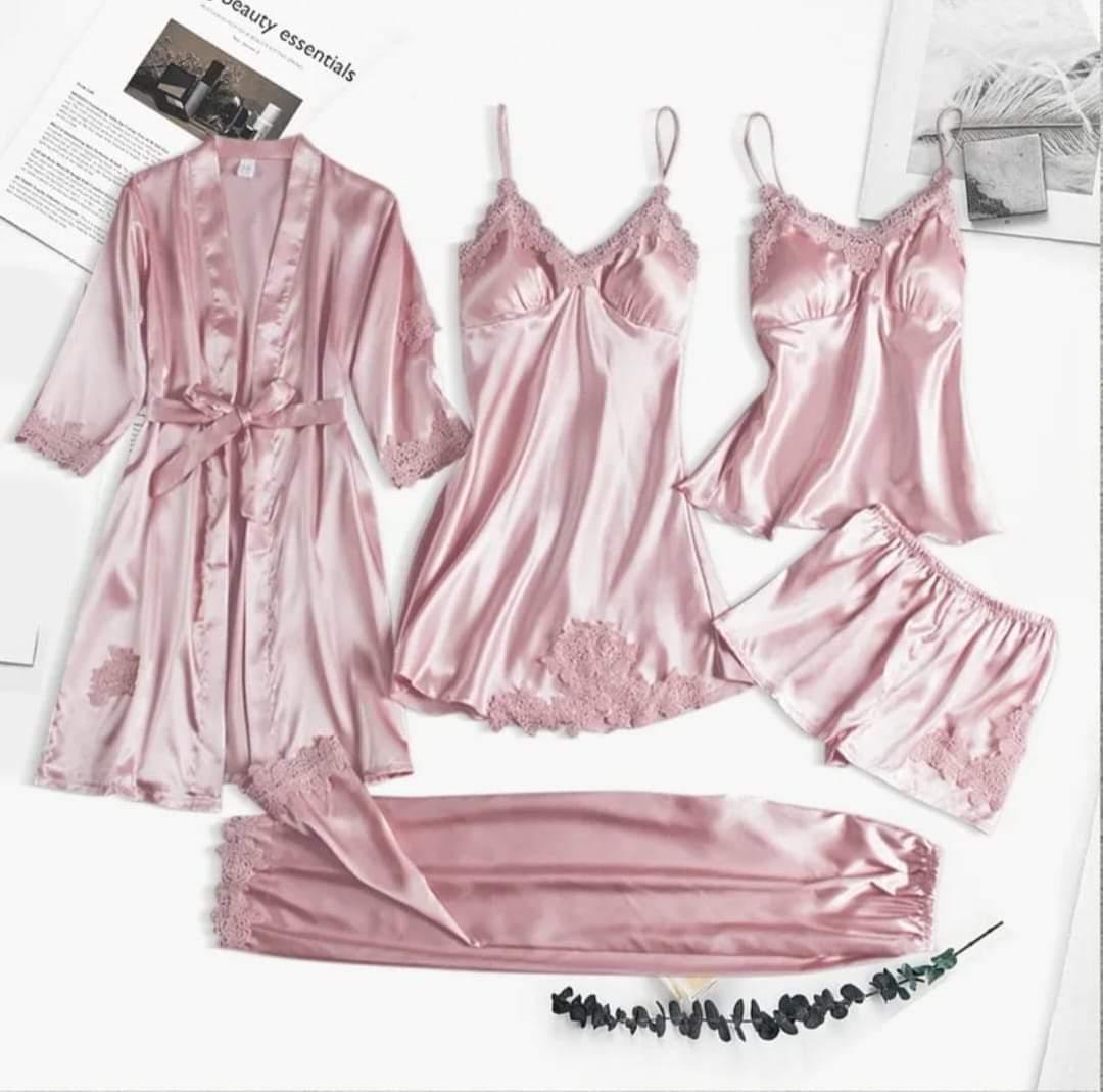 5 Pcs Silk Plain Comfortable And Light Weight Nightwear Set