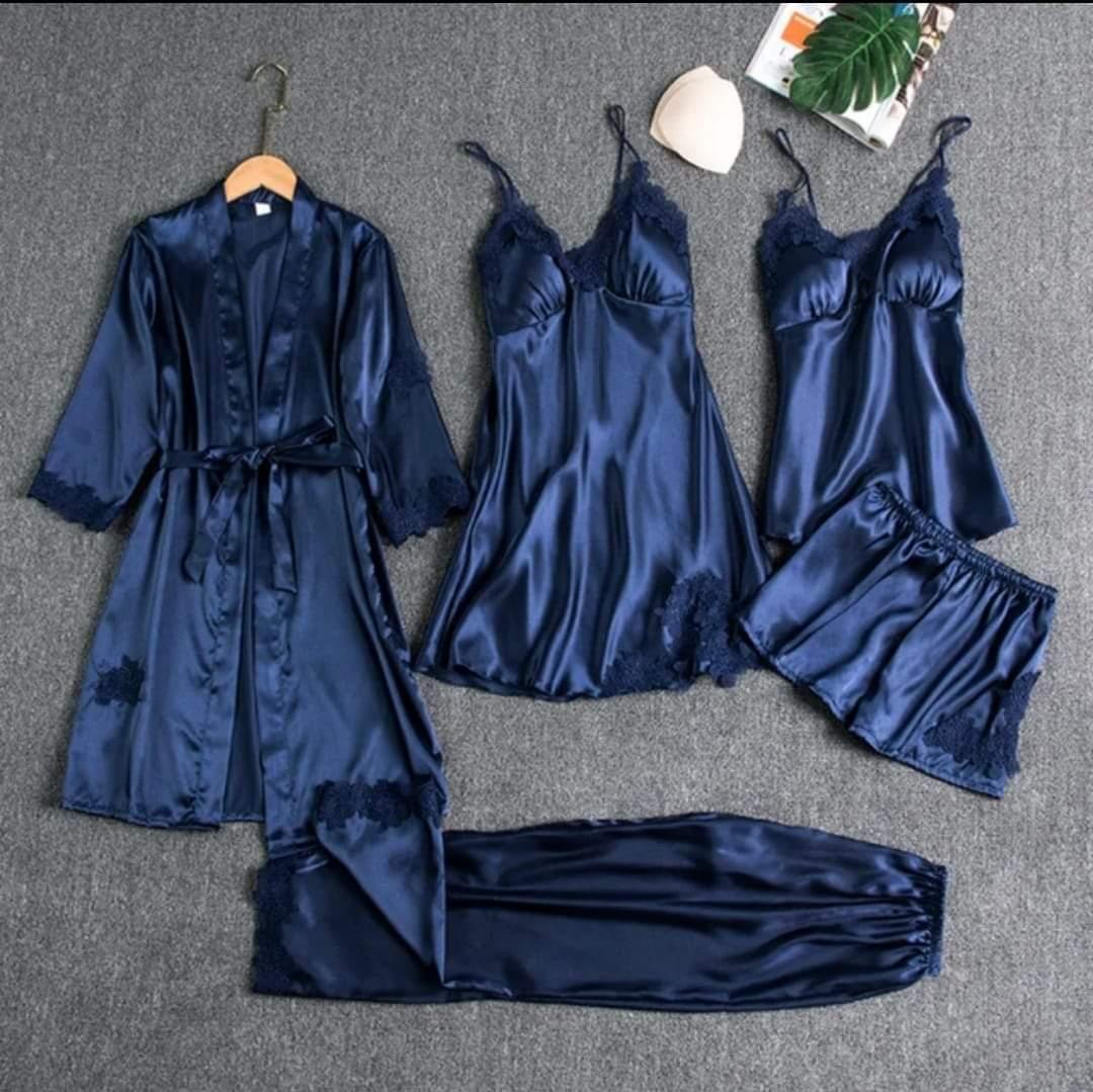 5 Pcs Silk Plain Comfortable And Light Weight Nightwear Set