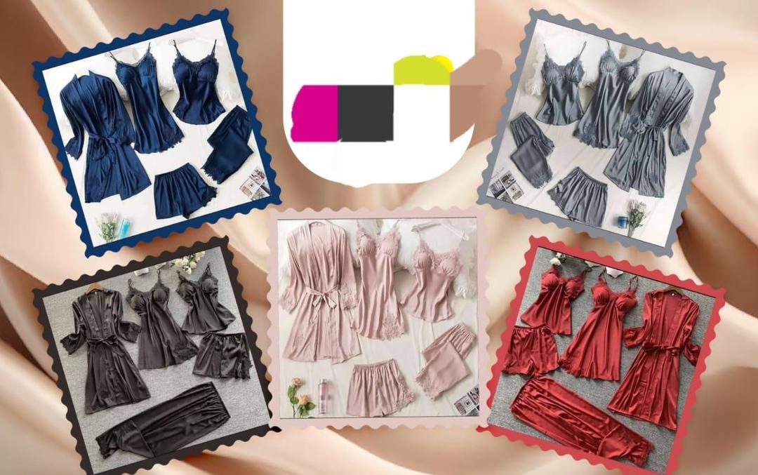 5 Pcs Silk Plain Comfortable And Light Weight Nightwear Set