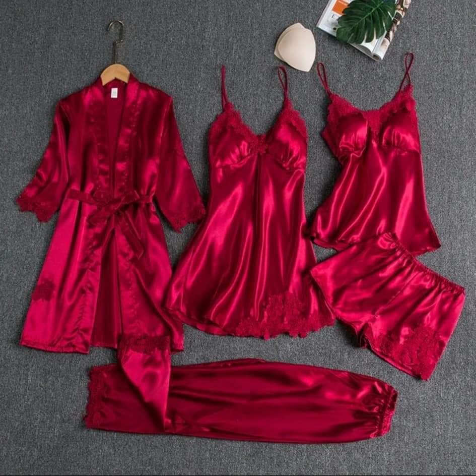 5 Pcs Silk Plain Comfortable And Light Weight Nightwear Set