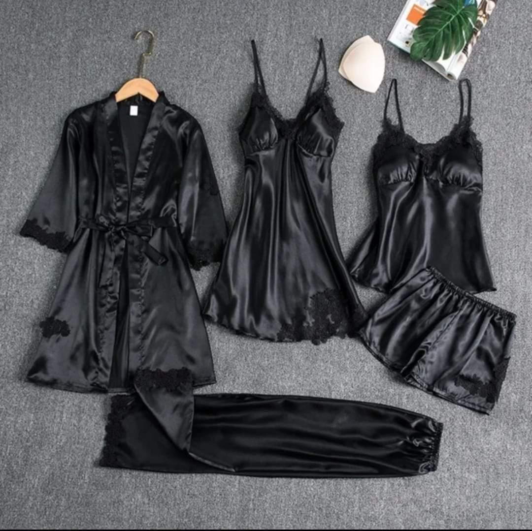 5 Pcs Silk Plain Comfortable And Light Weight Nightwear Set