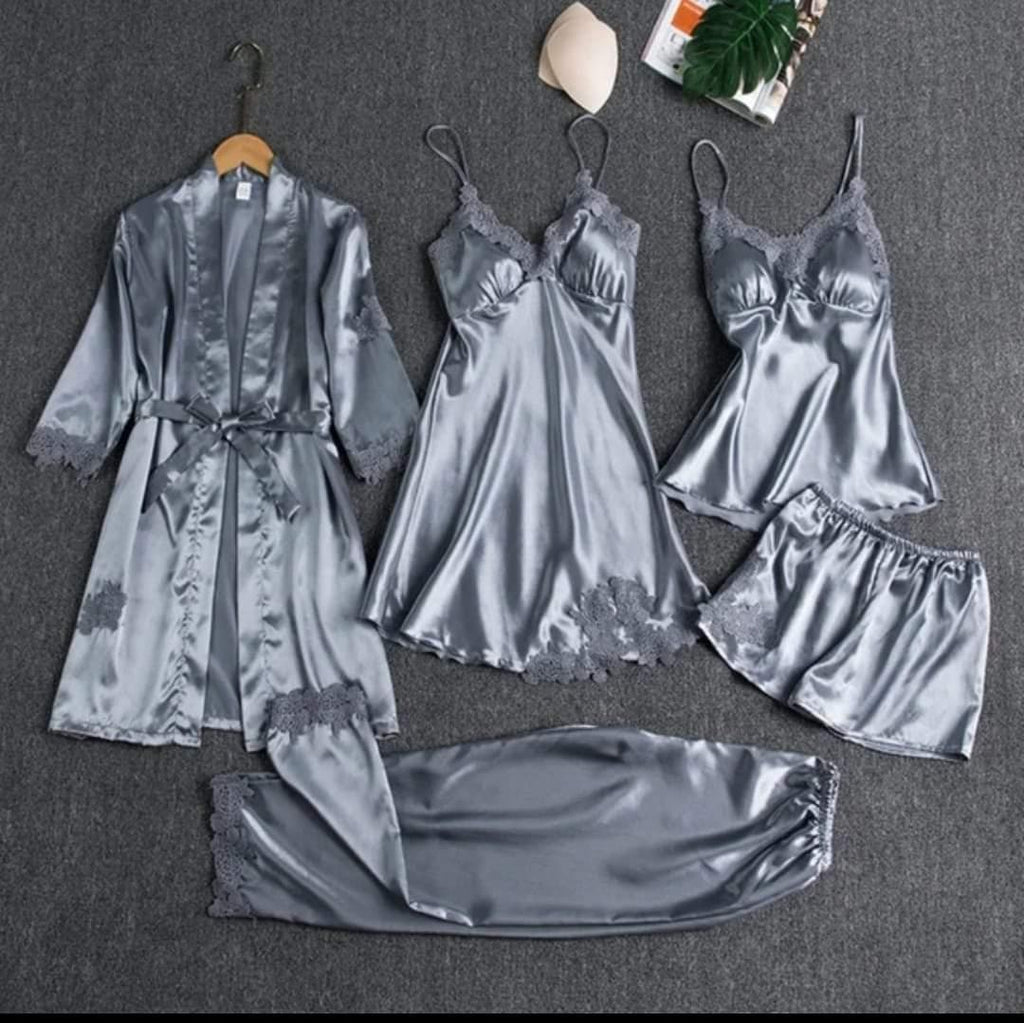 5 Pcs Silk Plain Comfortable And Light Weight Nightwear Set